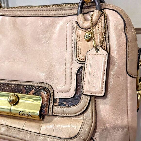 COACH "Kristin" Beige Snake Print Detail Clip Lock Detachable Strap Shoulder Bag - Picture 11 of 16
